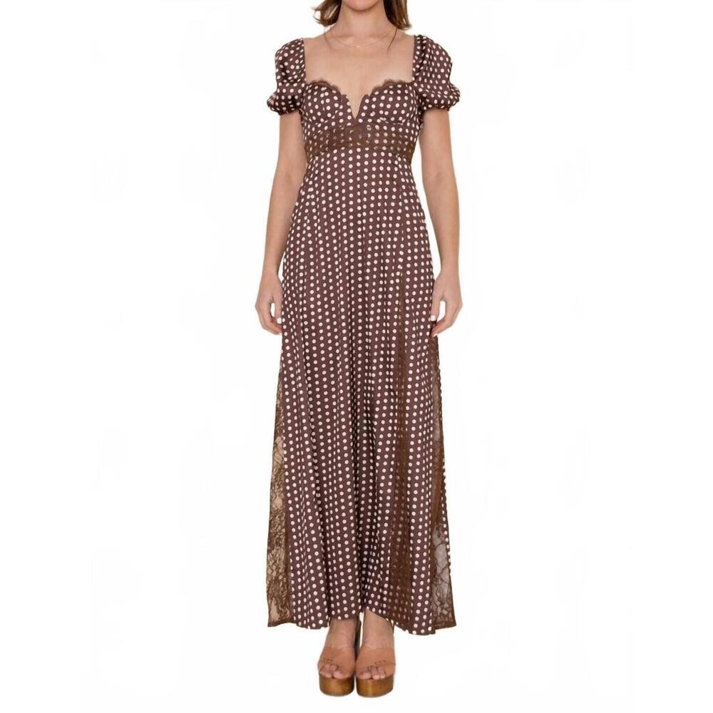 Brown Polka Dot Maxi Dress with Puff Sleeves